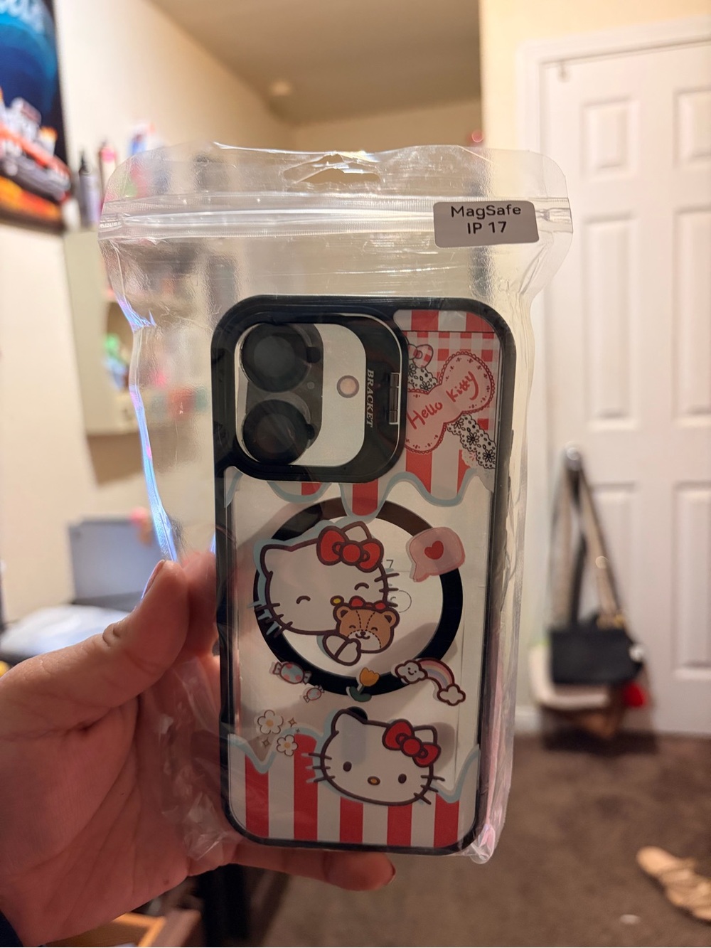 Hello Kitty iPhone Case with Red & White Stripes and Black Bumper